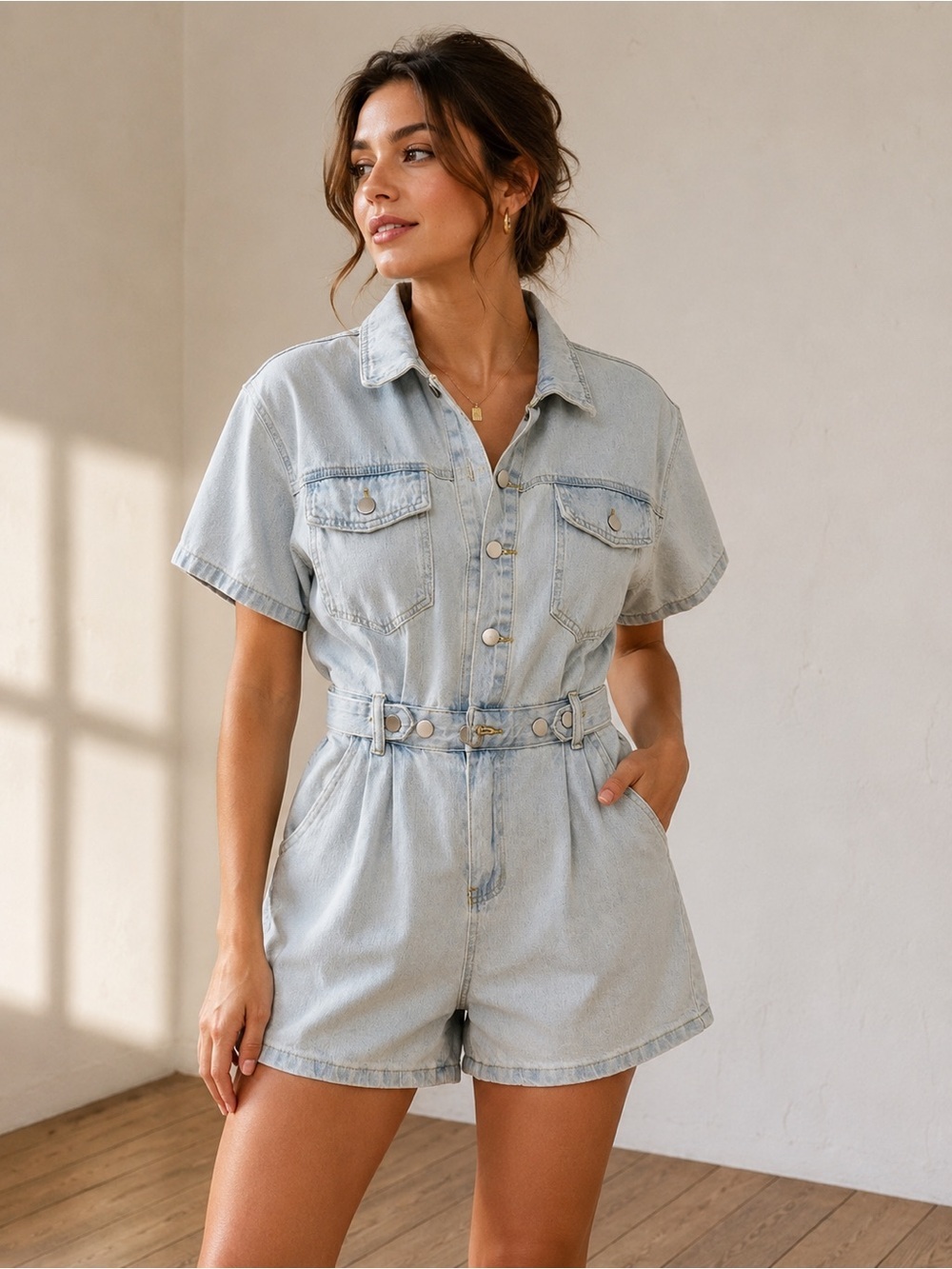 MABLE Light Blue Denim Short Jumpsuit